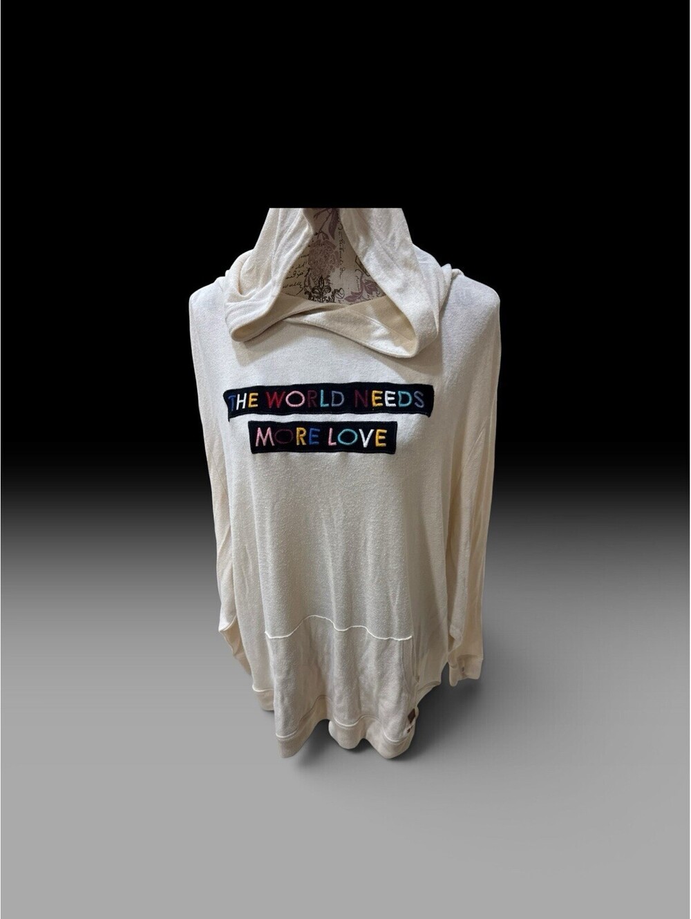 Peace Love world hooded sweatshirt 2XL Equal Rights Beige Black Boho Pocket
